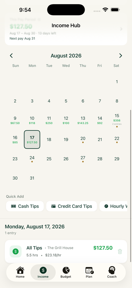 TendLife Income Hub showing a calendar of shift earnings and quick entry for tips